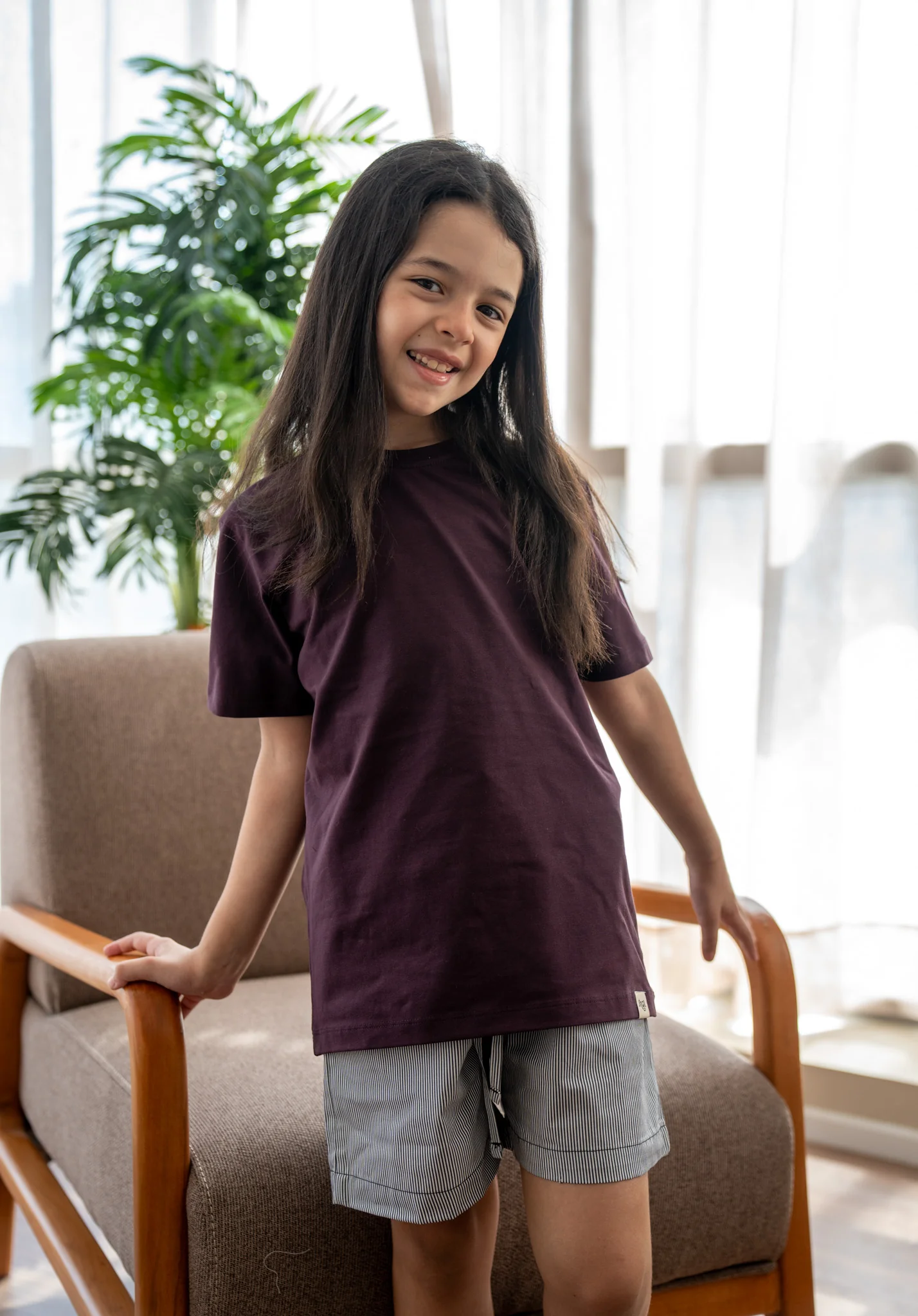 Unisex kids Summer pajama set Dark Purple Top + Black X White Striped Short - Image 2