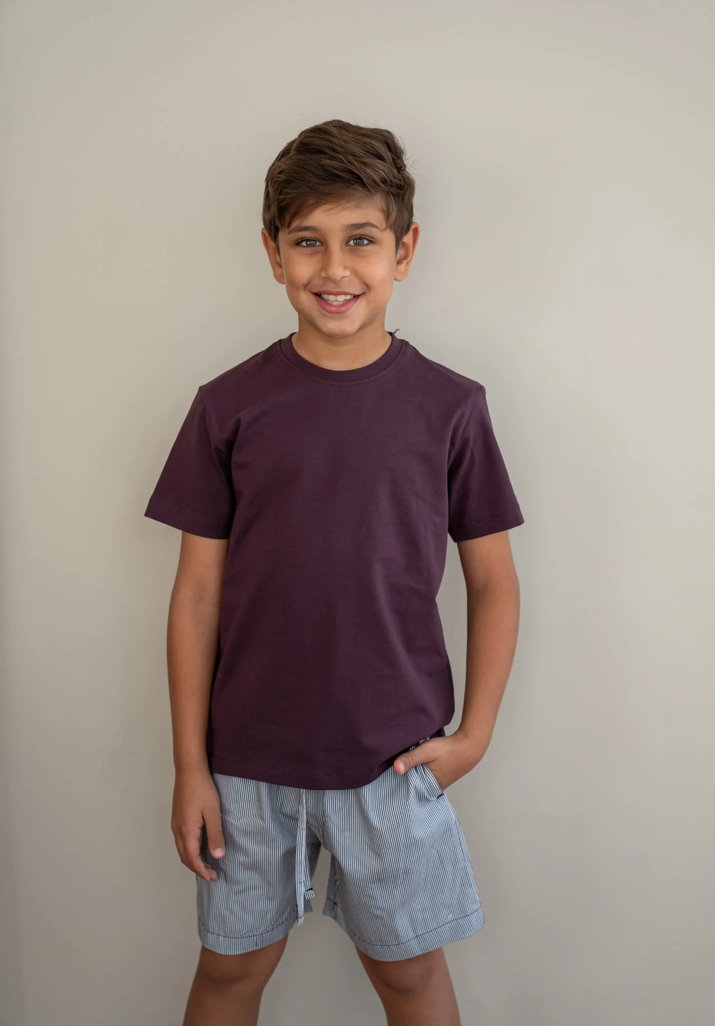 Unisex kids Summer pajama set Dark Purple Top + Black X White Striped Short - Image 3