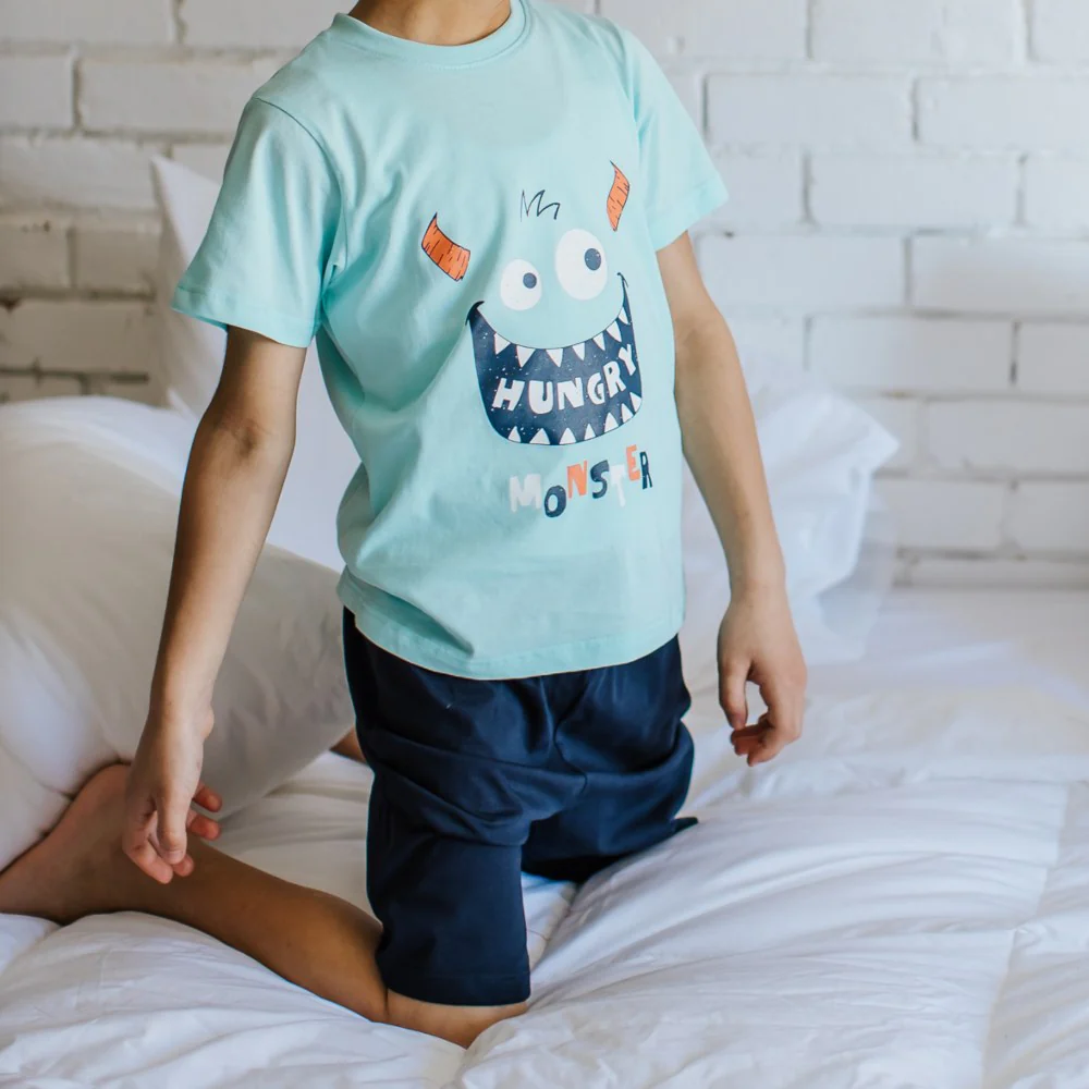 Boys summer pajama set Hungry monster t-shirt +Dark blue shorts