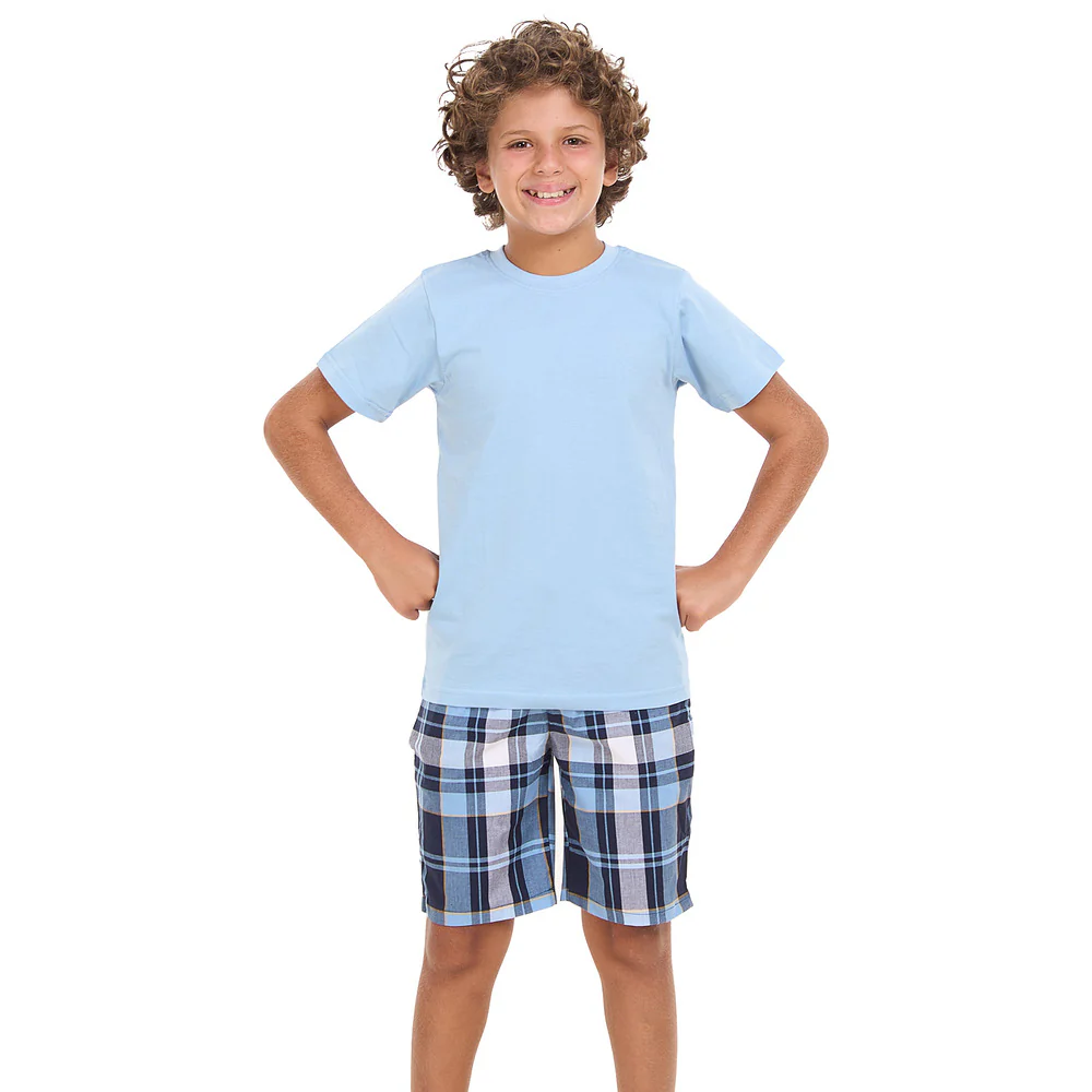 Boys summer pajama set Light Blue t-shirt +Light Blue x Dark Blue Checkered shorts