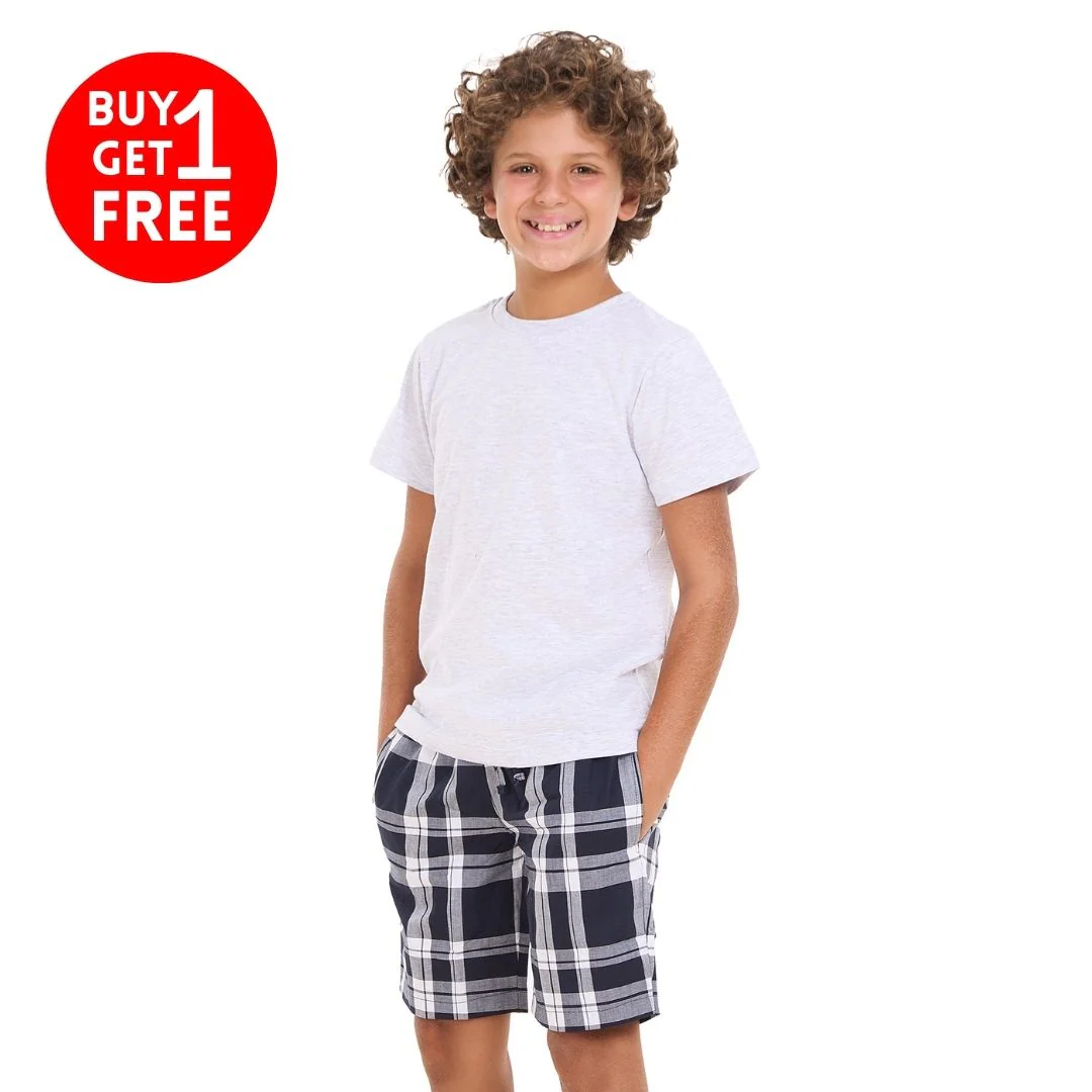 Boys summer pajama set Light Grey t-shirt +Dark Bue x White Checkered shorts