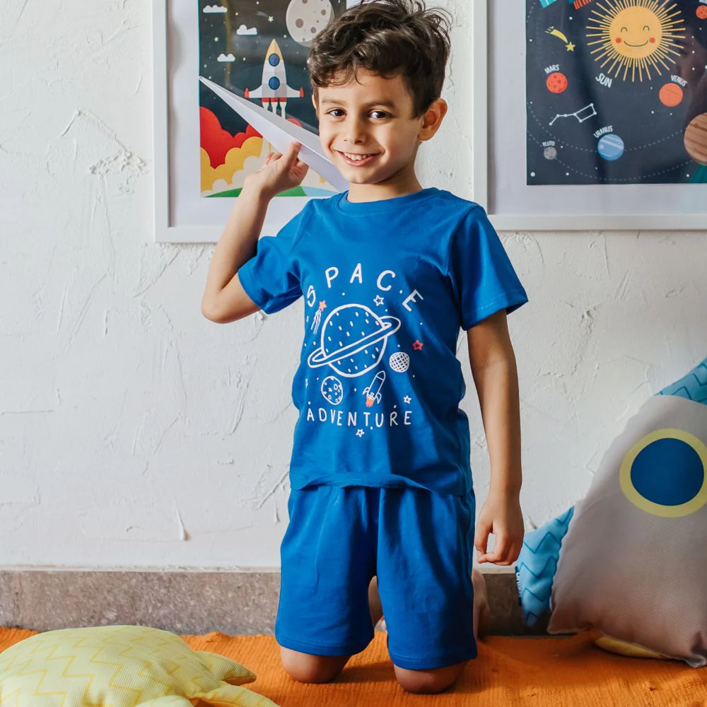 Boys summer pajama set Space t-shirt + Blue shorts