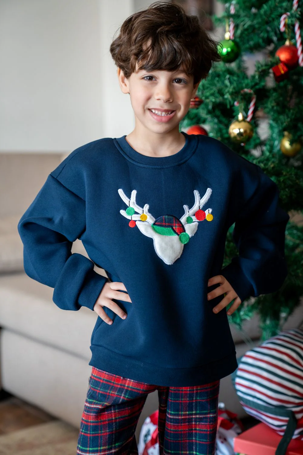 Boys kids Winter pajama set Dark Blue deer Top + Dark Blue x Red Checkered Pants - Image 3