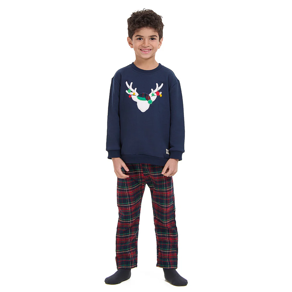 Boys kids Winter pajama set Dark Blue deer Top + Dark Blue x Red Checkered Pants - Image 4