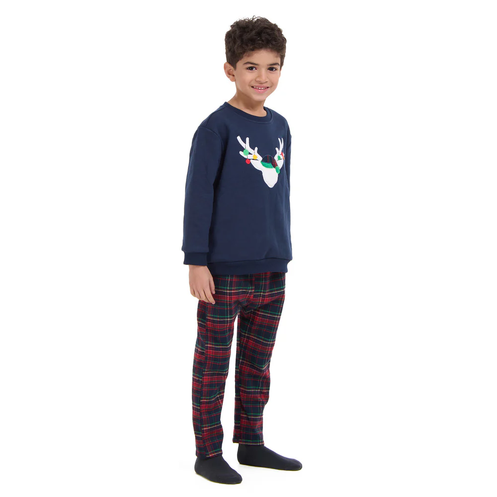 Boys kids Winter pajama set Dark Blue deer Top + Dark Blue x Red Checkered Pants - Image 5