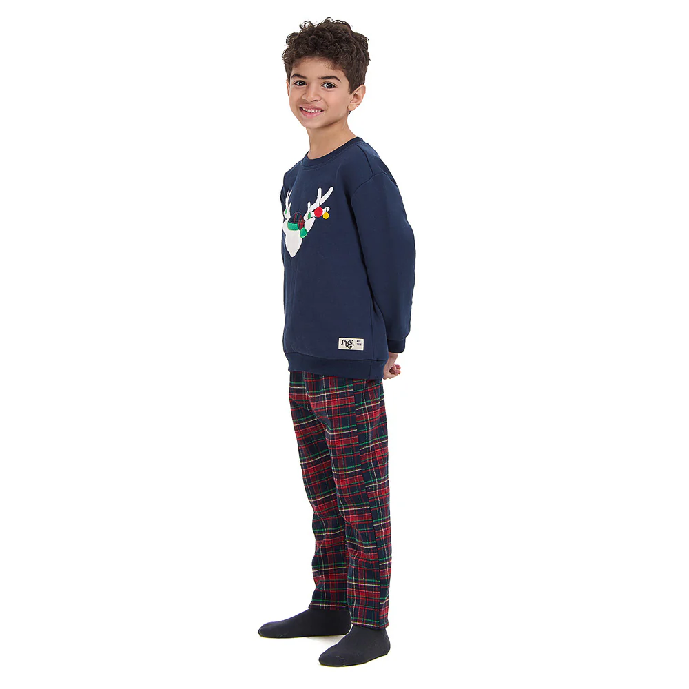 Boys kids Winter pajama set Dark Blue deer Top + Dark Blue x Red Checkered Pants - Image 6