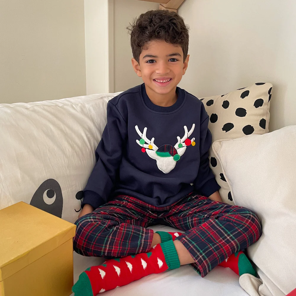 Boys kids Winter pajama set Dark Blue deer Top + Dark Blue x Red Checkered Pants - Image 7
