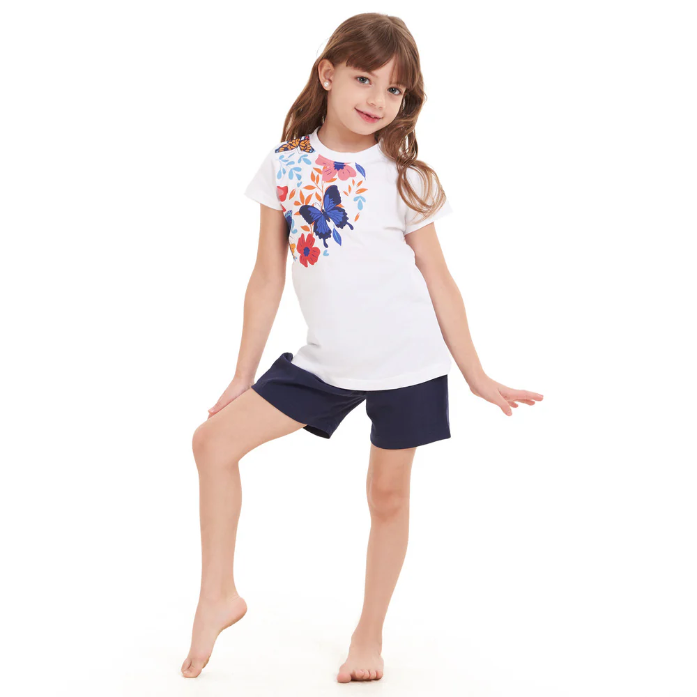Girls summer pajama set Flowers t-shirt + Navy shorts