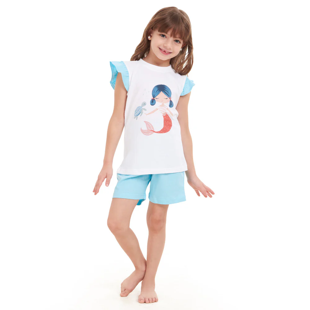 Girls summer pajama set Mermaid t-shirt + Baby Blue shorts