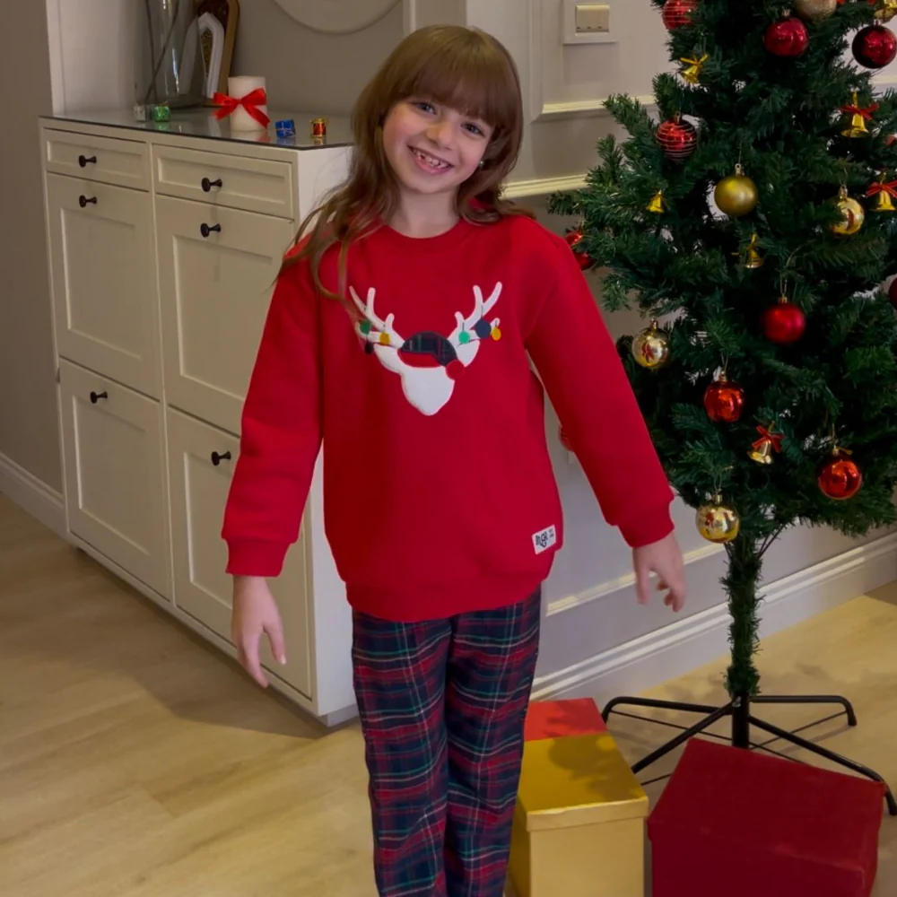 Girls kids Winter pajama set Red deer Top + Dark Blue x Red Checkered Pants - Image 3