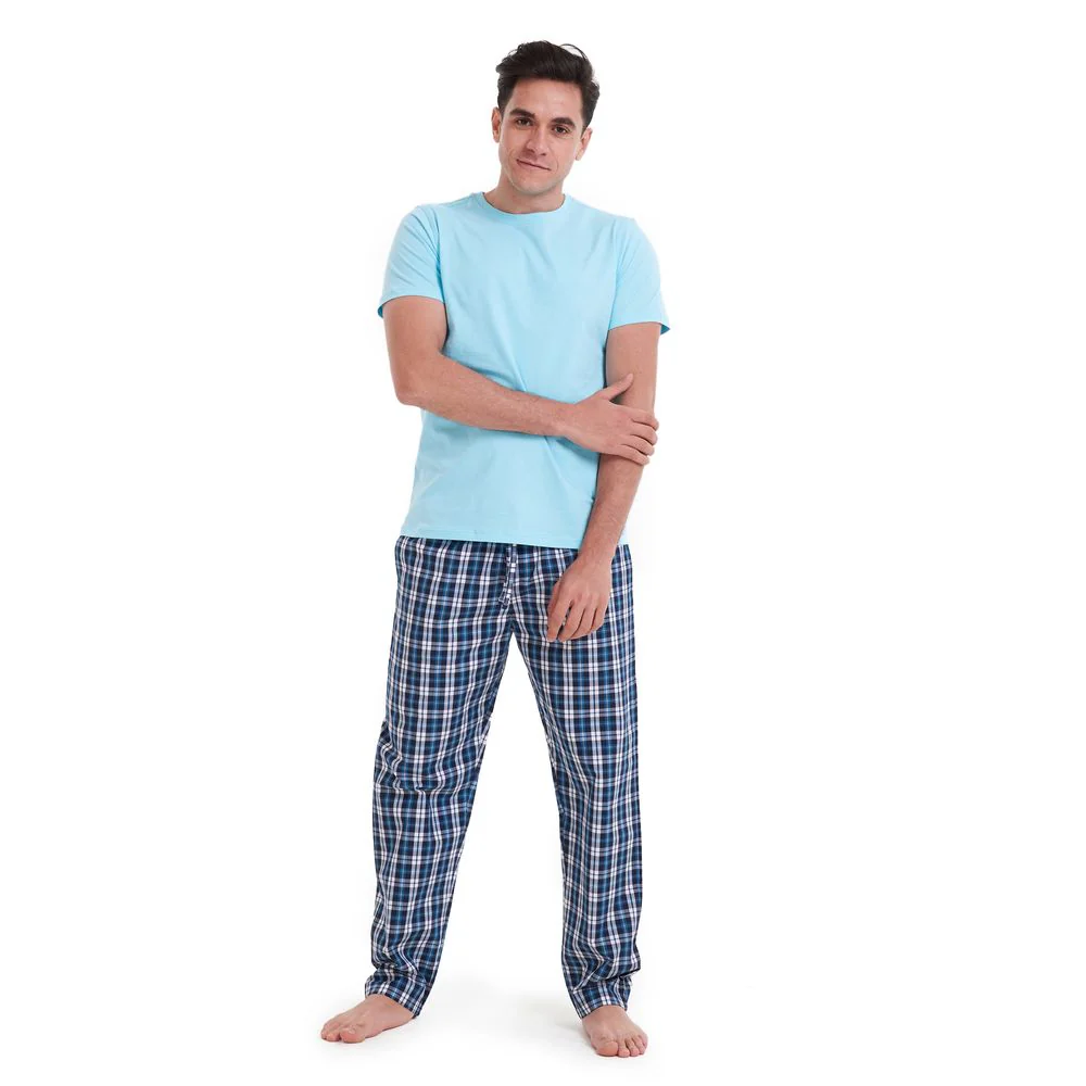 Men summer pajama set Aqua T-shirt + Turquoise x Black checkered pants