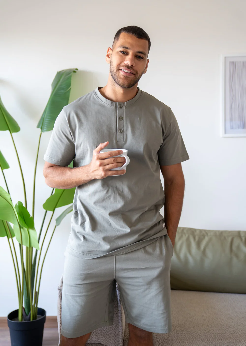 Men Summer Pajama Set Army Buttoned Tee + Short
