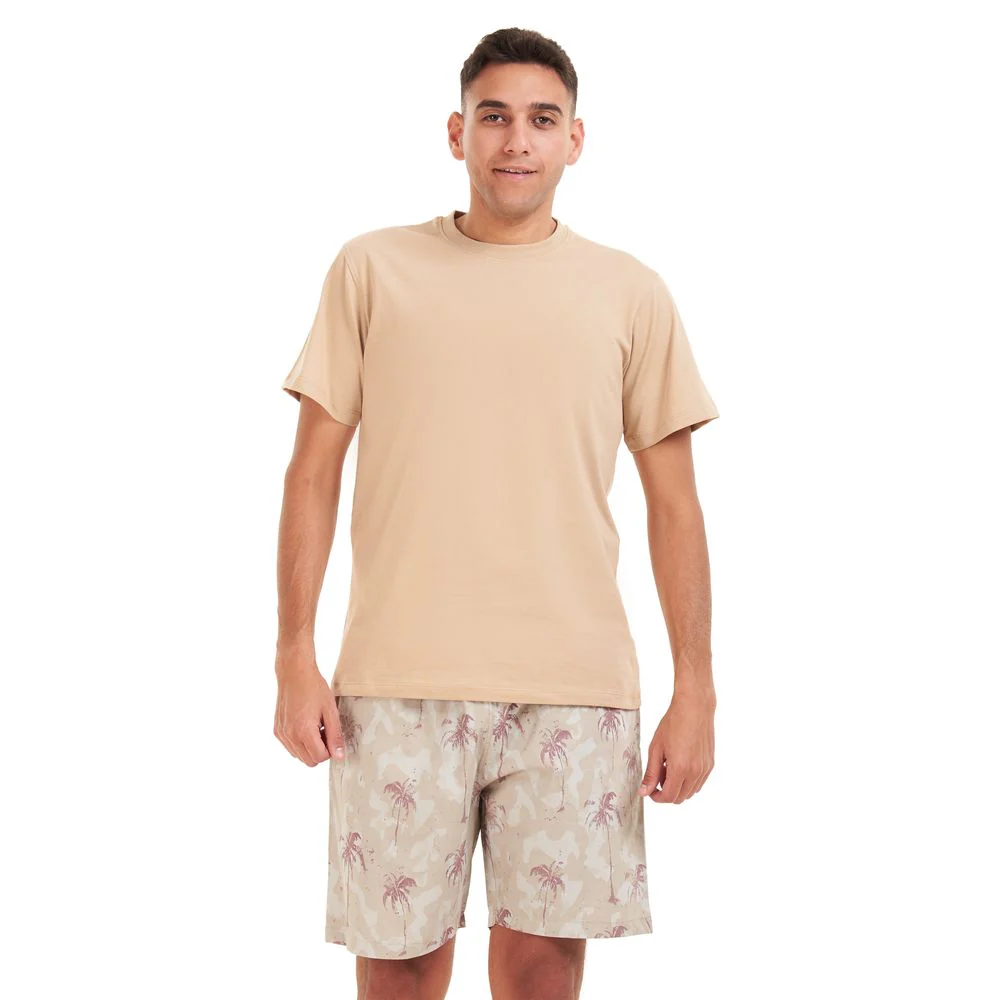 Men summer pajama set Beige T-shirt + Maroon palm short