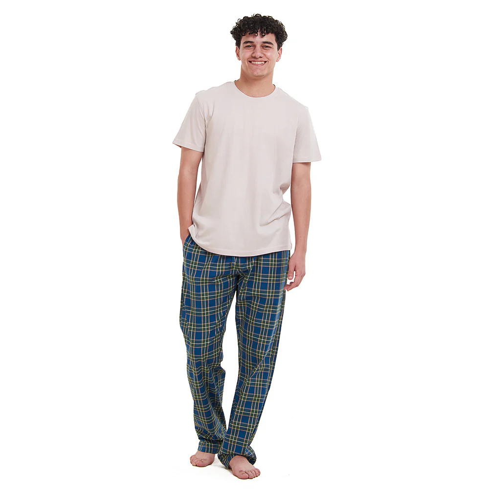 Men summer pajama set Beige T-shirt +Olive x Petroleum checkered Pants