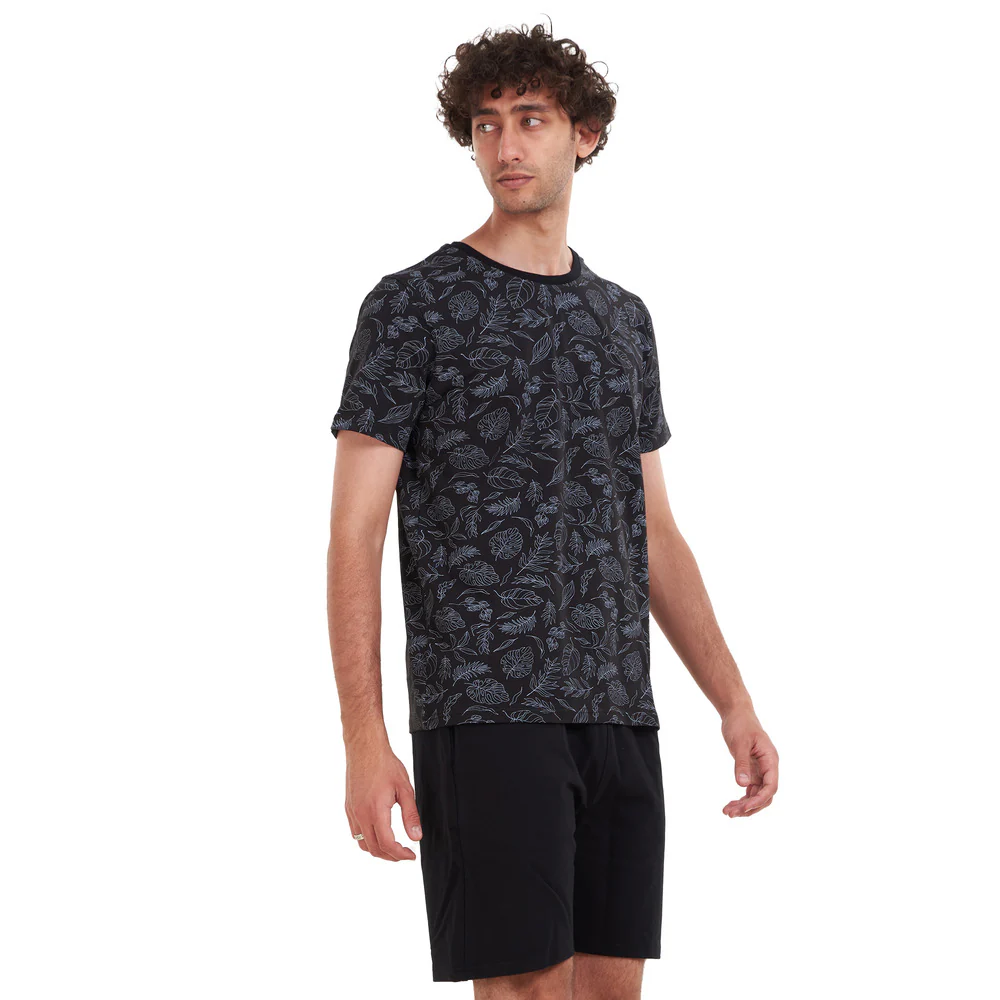Men summer pajama set Black Flowers T-shirt + Black short