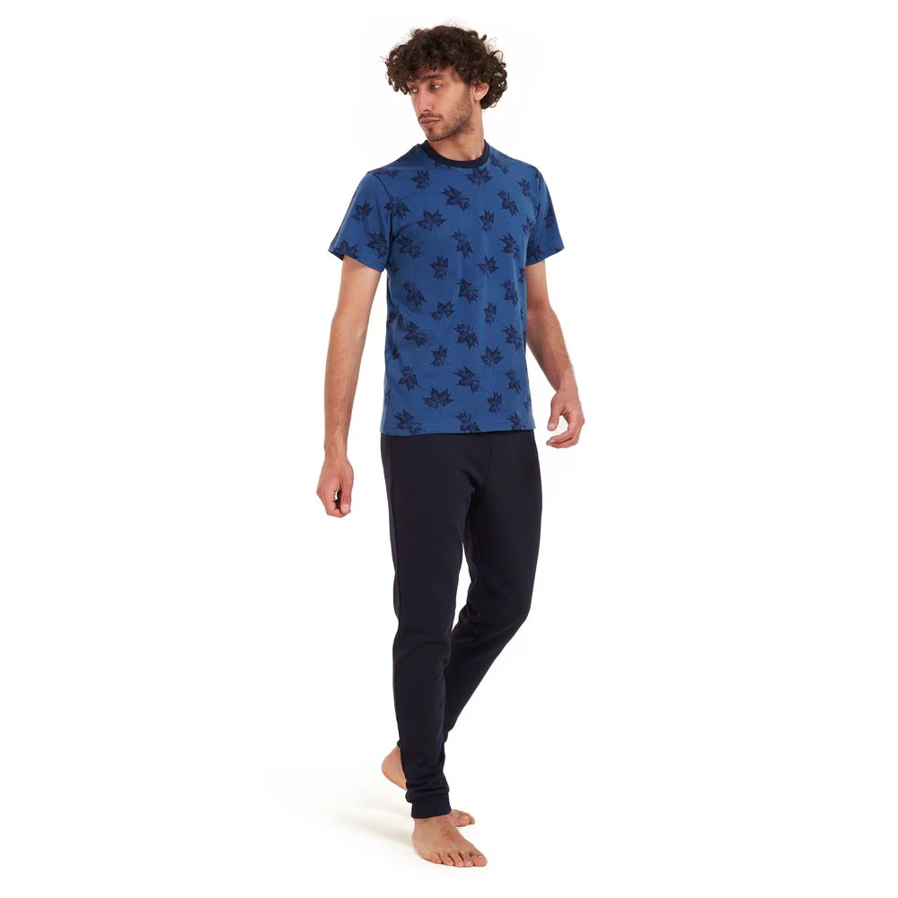 Men summer pajama set Black leaves T-shirt +Dark blue pants