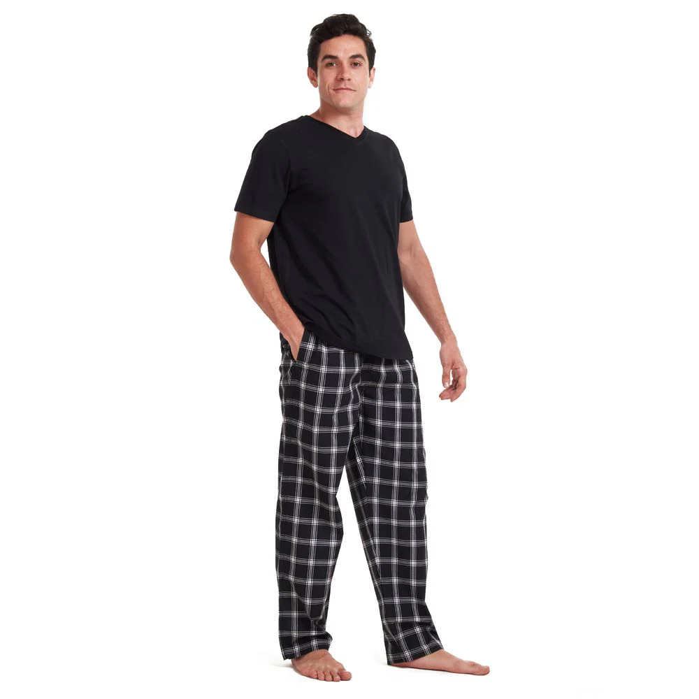 Men summer pajama set Black T-shirt + Black x Grey checkered pants