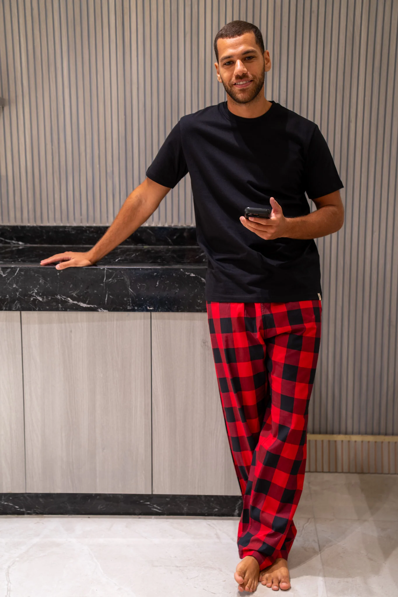Men Summer Pajama Set Black T-shirt +Black X Red Checkered Pants - Image 4