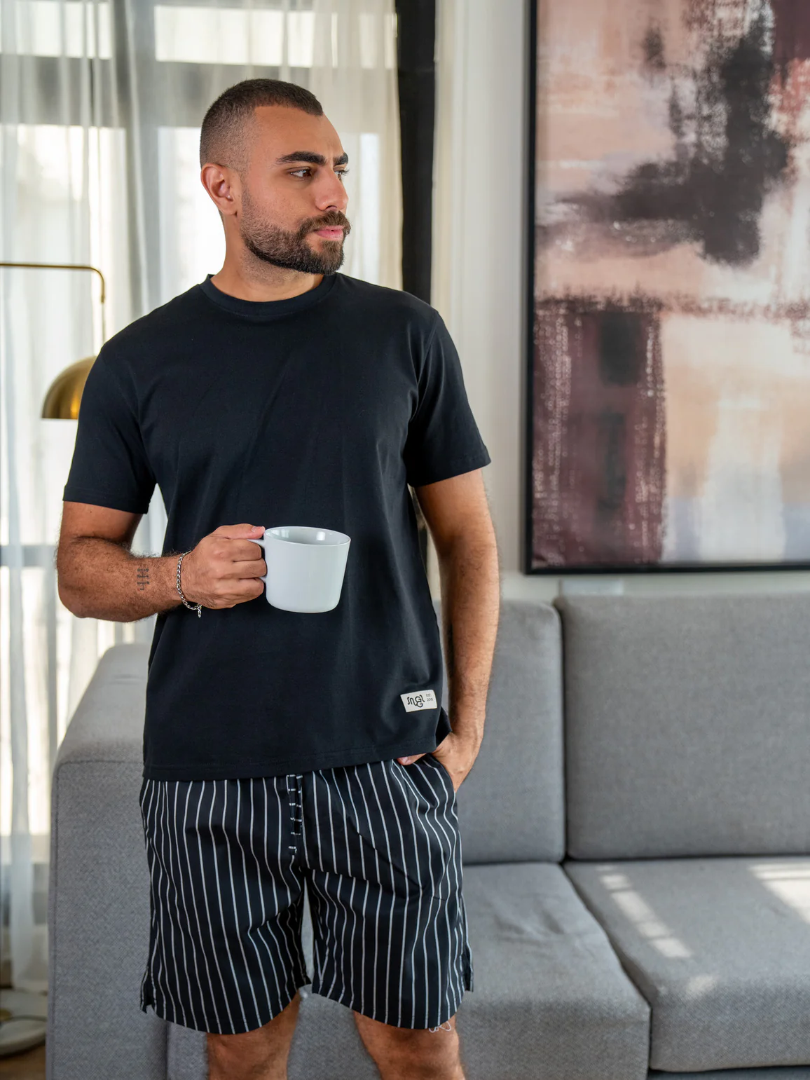 Men summer pajama set Black T-shirt + Black X White Stripes Short - Image 3