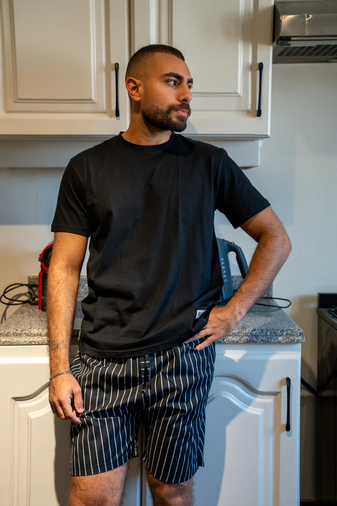 Men summer pajama set Black T-shirt + Black X White Stripes Short - Image 5