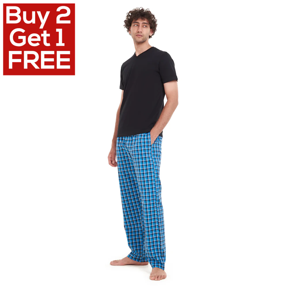 Men summer pajama set Black T-shirt + Blue x Black Checkered pants