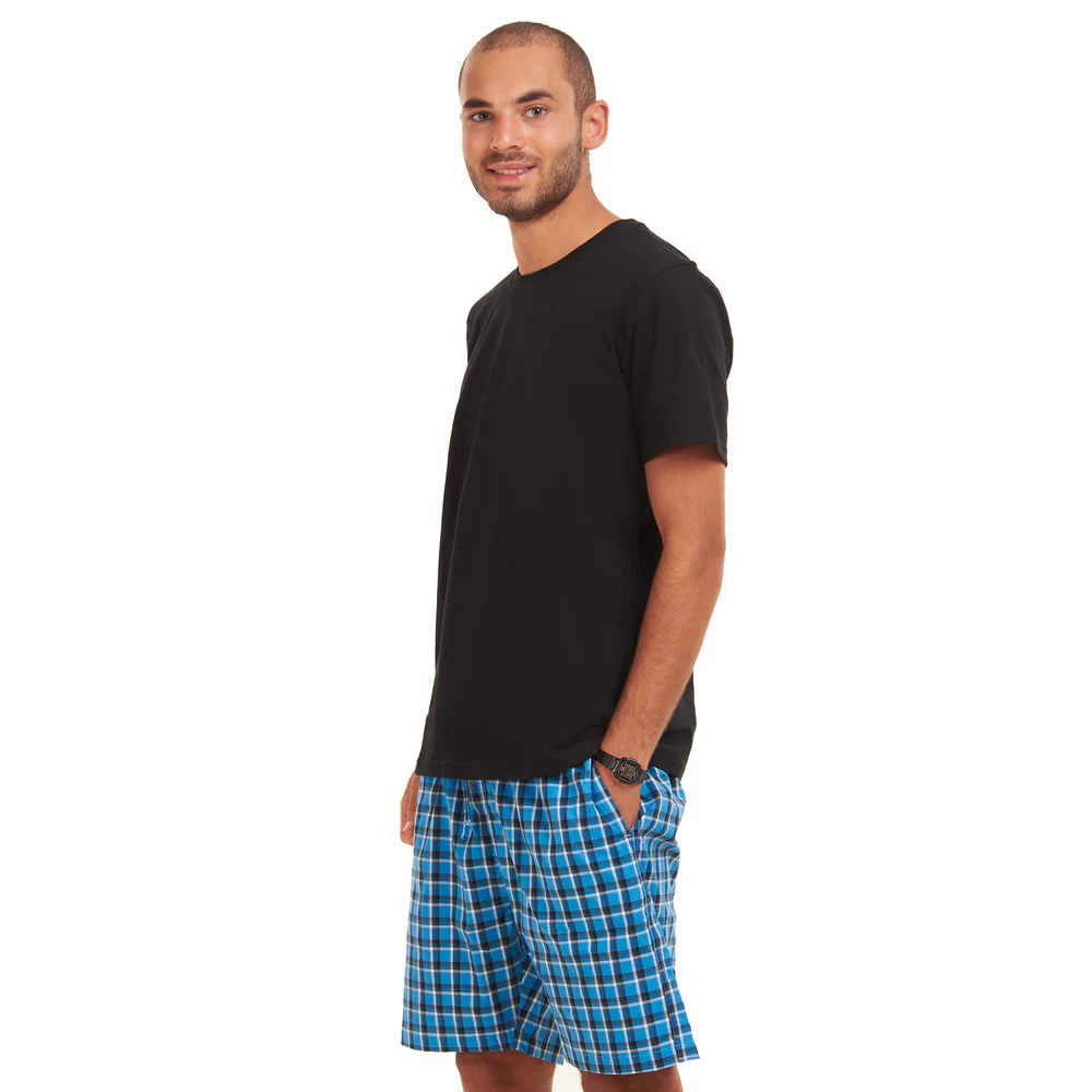 Men summer pajama set Black T-shirt + Blue x Black Checkered shorts