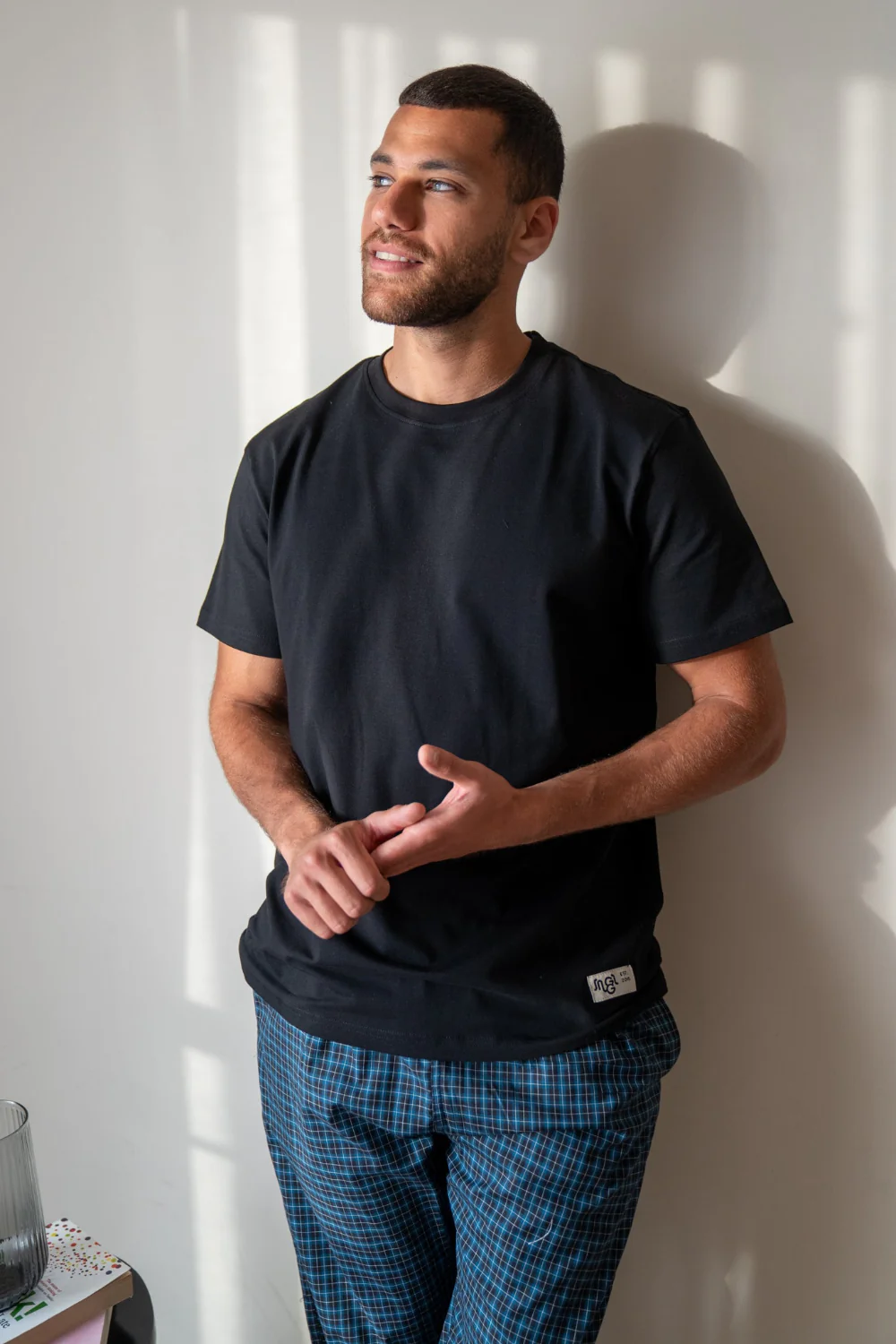 Men summer pajama set Black T-shirt + Midnight Blue X Black Checkered Pants