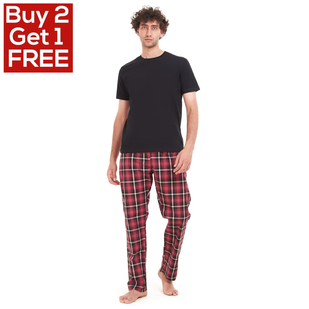 Men summer pajama set Black T-shirt + Red x Black Checkered pants