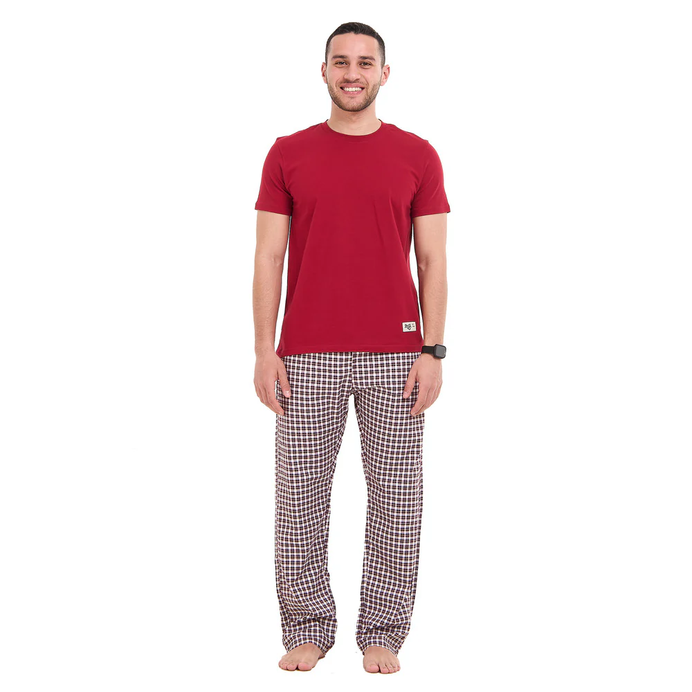 Men summer pajama set Burgundy T-shirt + Burgundy X White Checkered Pants