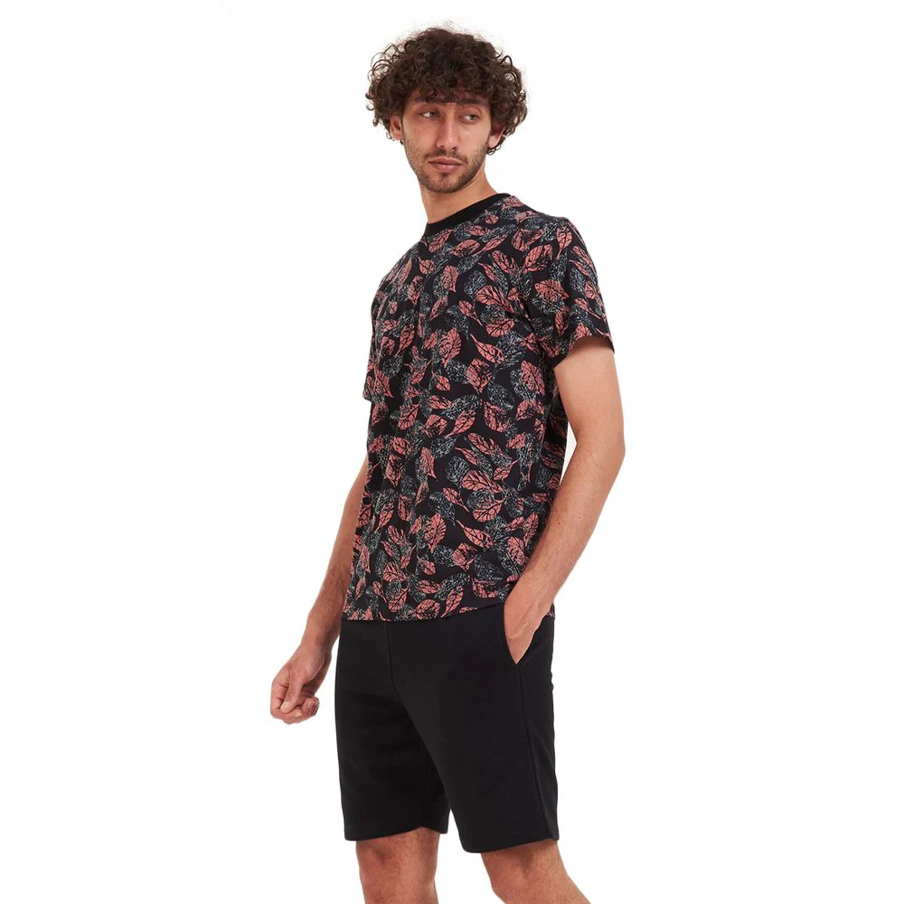 Men summer pajama set Cashmere leaves t-shirt +Black shorts