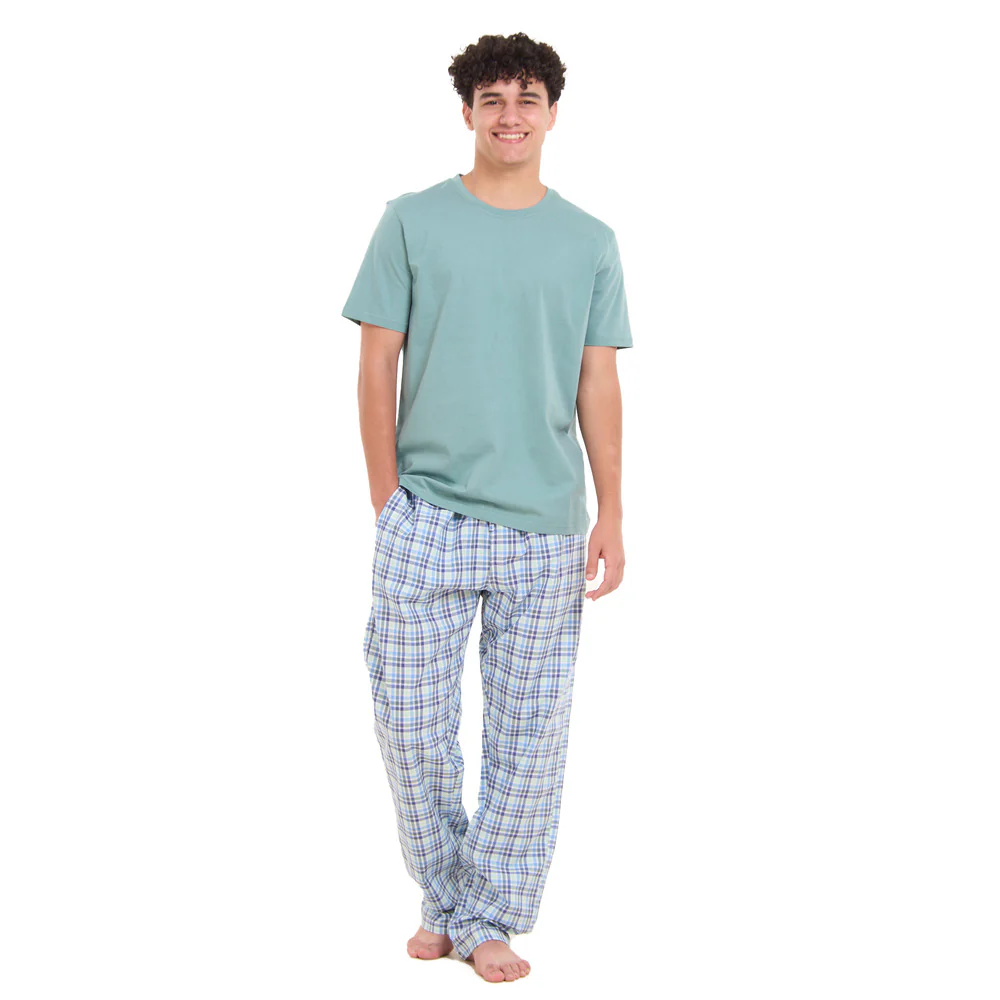Men summer pajama set Copper green T-shirt + Copper green x Indigo checkered pant