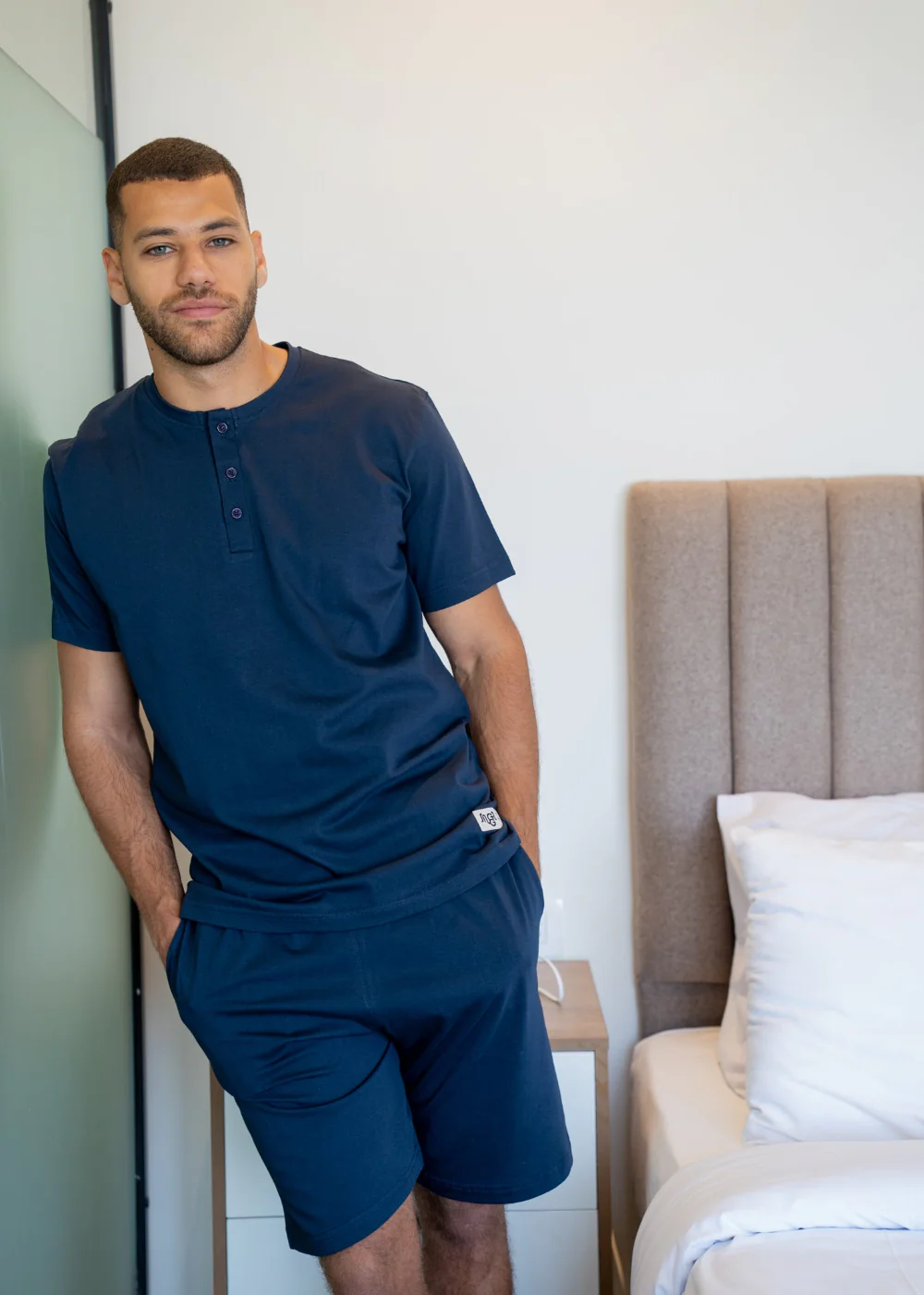 Men summer pajama set Dark Blue Buttoned Tee + Dark Blue Short - Image 2