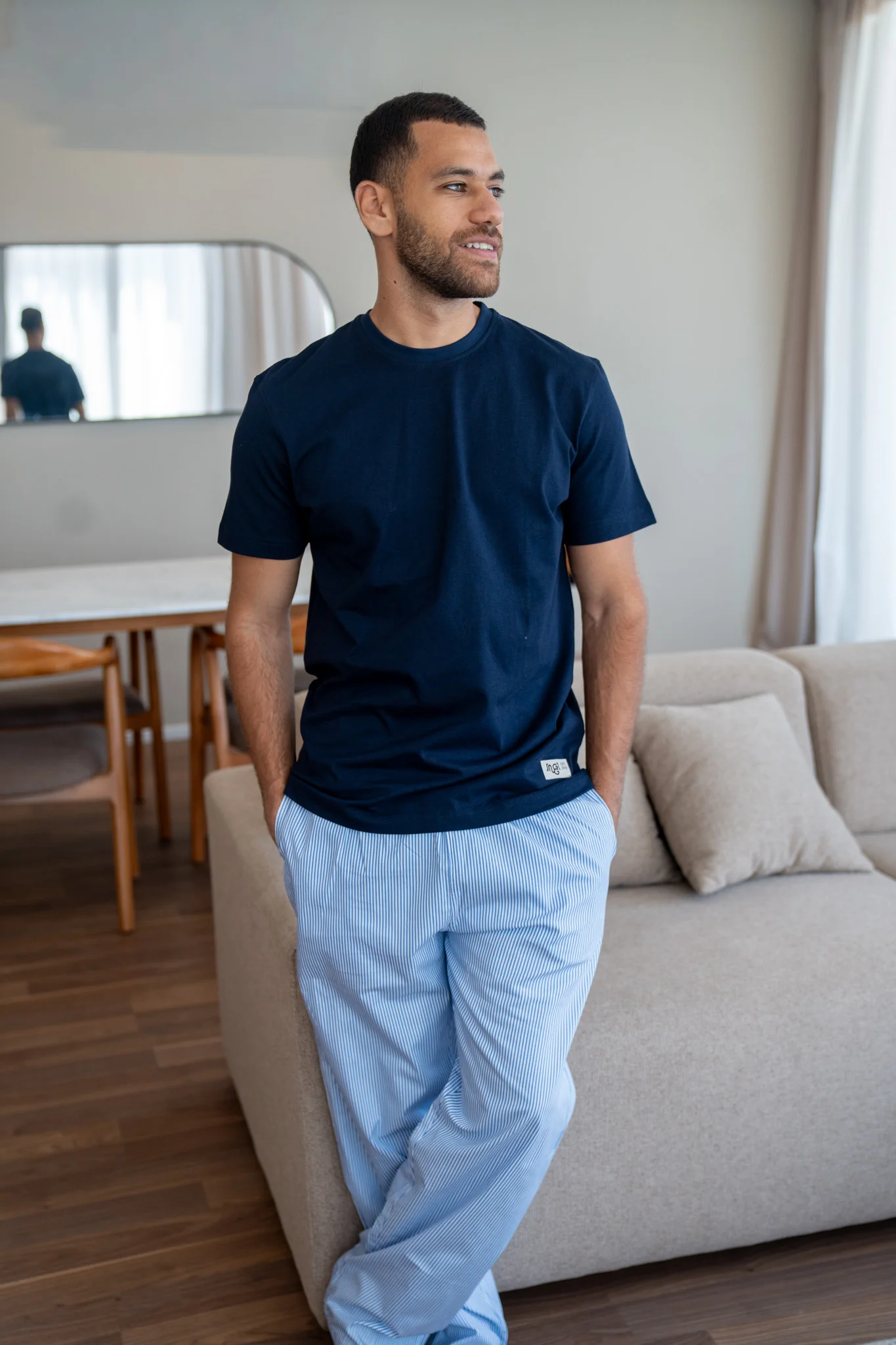 Men summer pajama set Dark Blue T-shirt + Blue X White Striped Pants