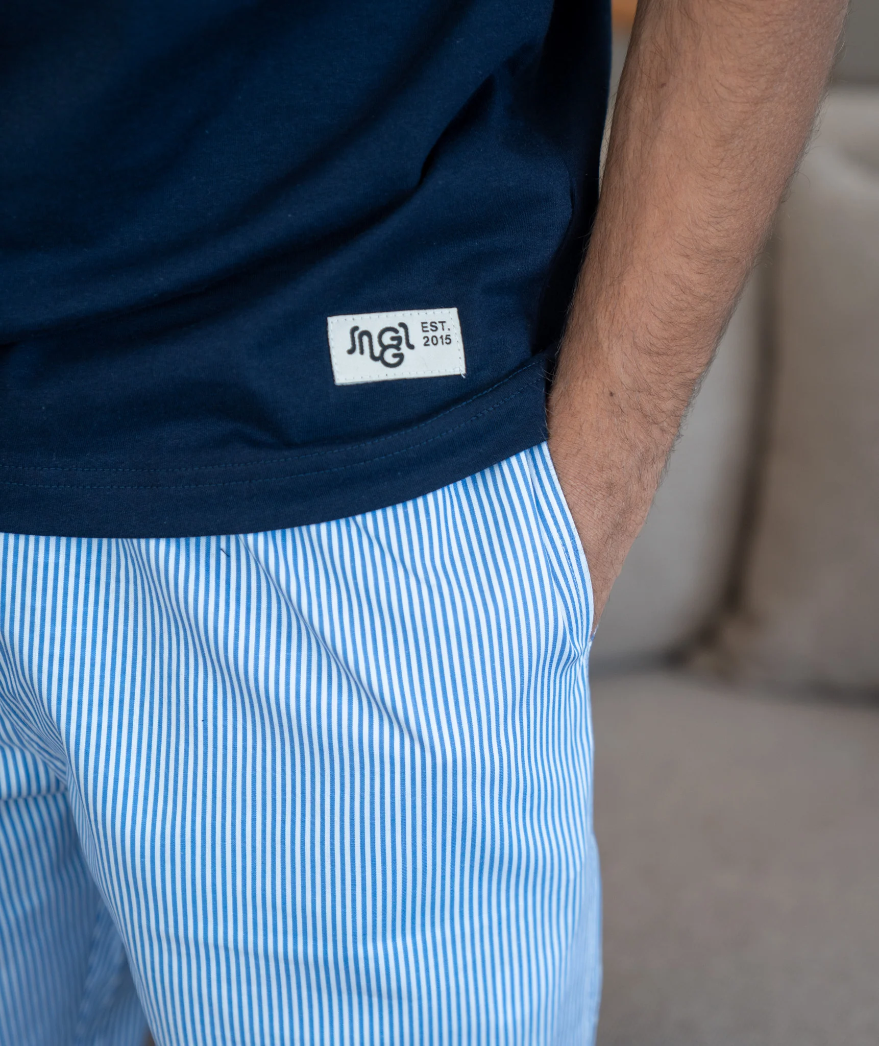 Men summer pajama set Dark Blue T-shirt + Blue X White Striped Pants - Image 2