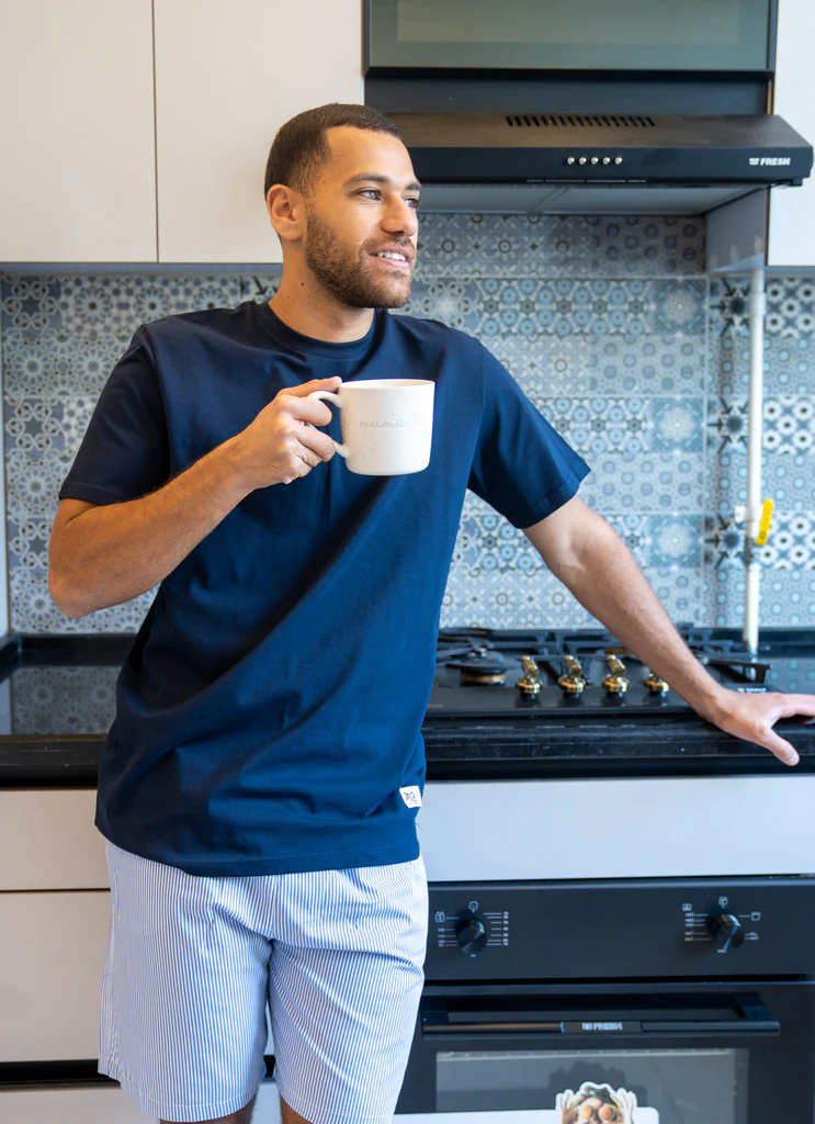 Men summer pajama set Dark Blue T-shirt + Blue X White Striped Short
