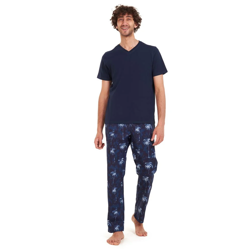 Men summer pajama set Dark blue t-shirt +Dark blue Palm Pants