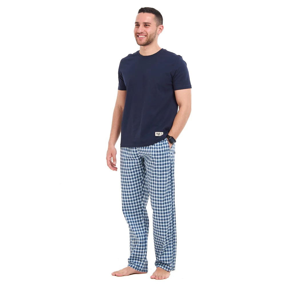Men summer pajama set Dark blue T-shirt + Dark blue X Light blue checkered Pants