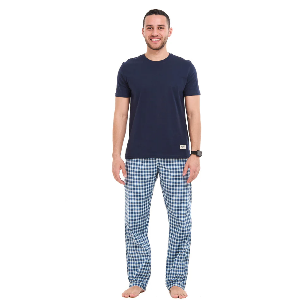 Men summer pajama set Dark blue T-shirt + Dark blue X Light blue checkered Pants - Image 2