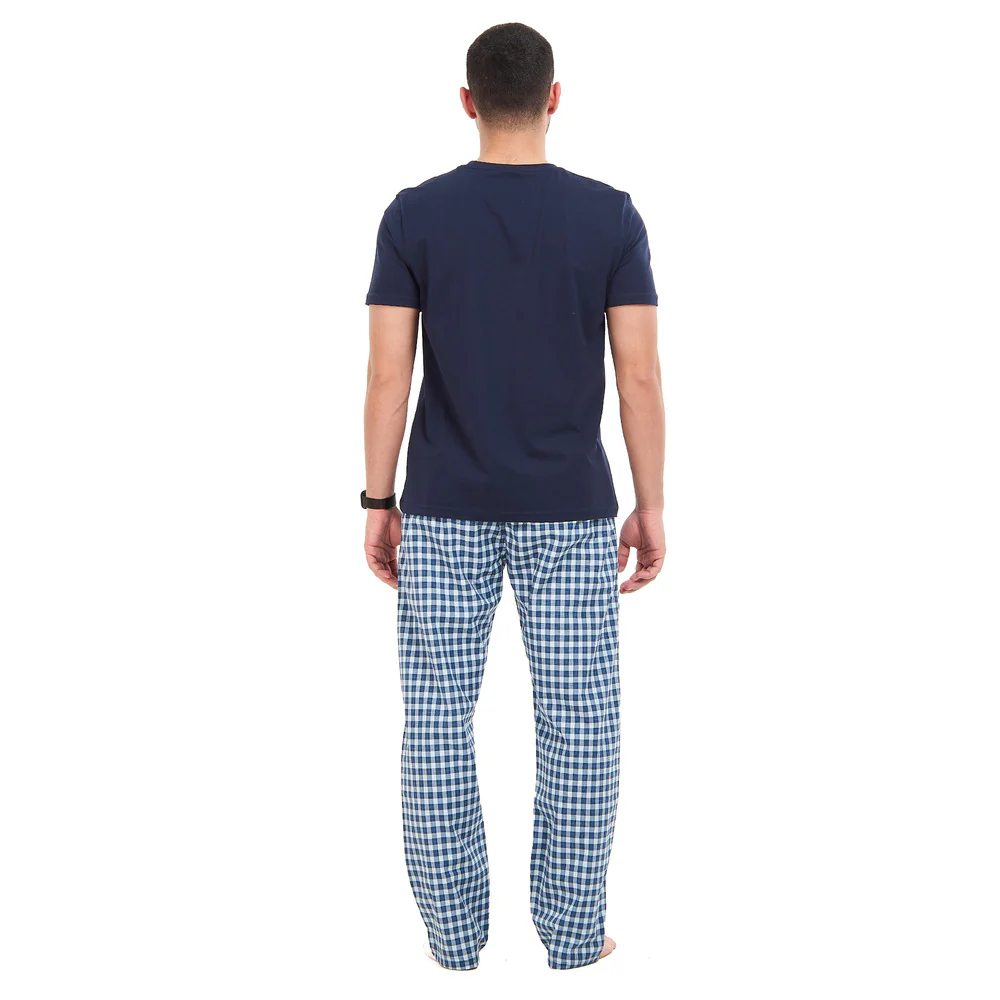 Men summer pajama set Dark blue T-shirt + Dark blue X Light blue checkered Pants - Image 4