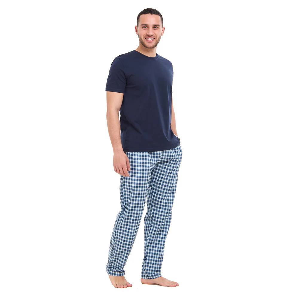 Men summer pajama set Dark blue T-shirt + Dark blue X Light blue checkered Pants - Image 5