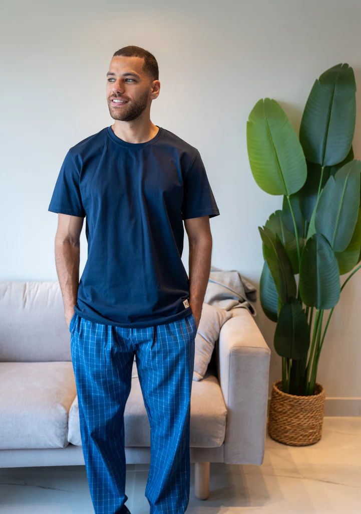 Men summer pajama set Dark Blue T-shirt + Dark Blue X White Checkered Pants
