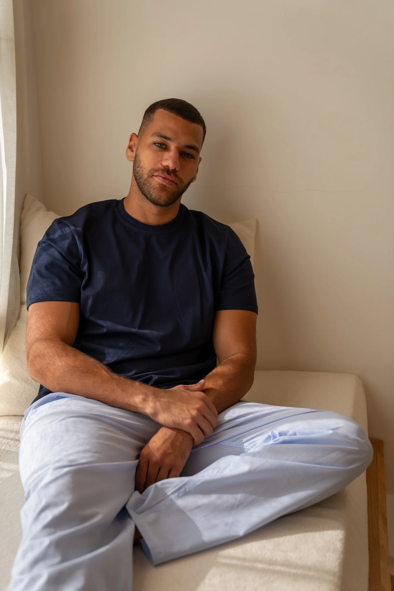 Men summer pajama set Dark Blue T-shirt + Light Blue X White Striped Pants