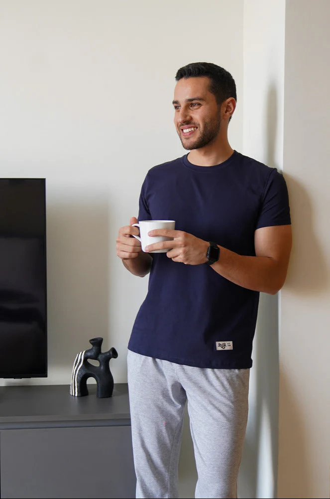Men summer pajama set Dark Blue T-shirt + Light grey Pants - Image 3