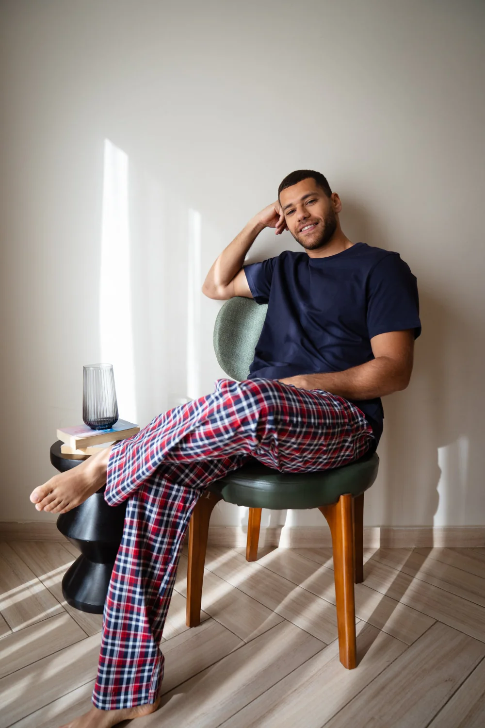 Men summer pajama set Dark Blue T-shirt + Red X Dark blue Checkered Pants - Image 4