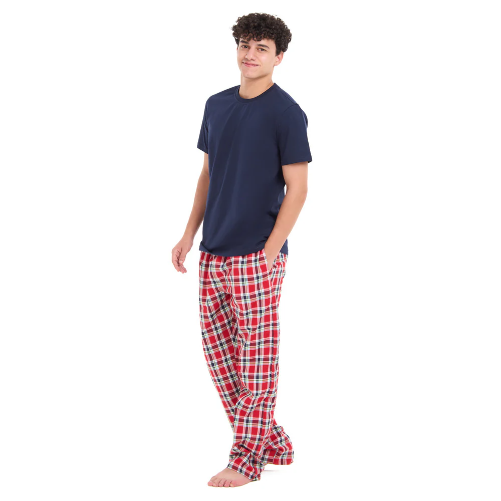 Men summer pajama set Dark blue T-shirt + Red x Dark blue checkered Pants