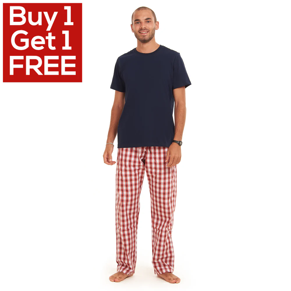Men summer pajama set Dark Blue T-shirt + Red x White Checkered Pants