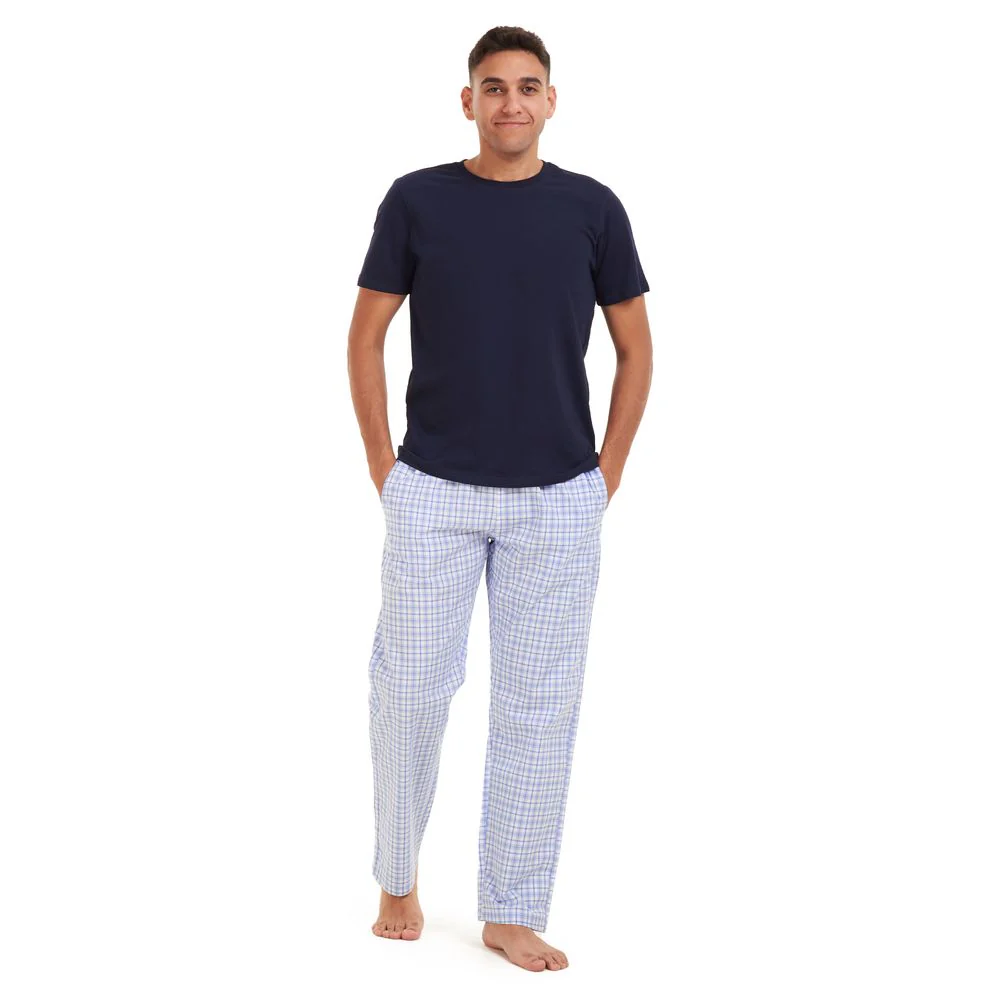 Men summer pajama set Dark blue t-shirt +White x blue checkered Pants