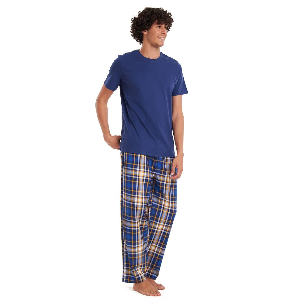 Men summer pajama set Dark blue T-shirt + Yellow checkered pants