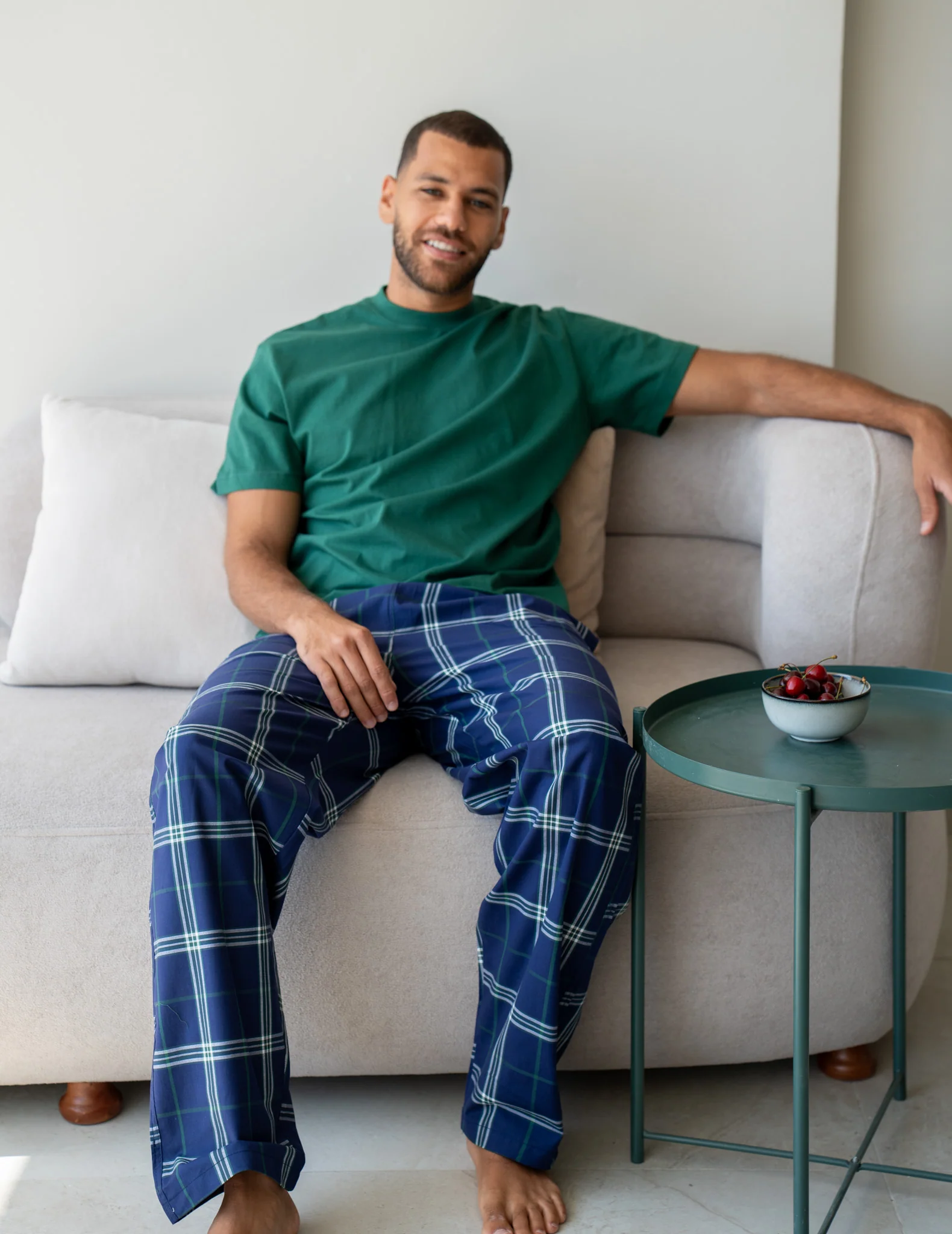 Men summer pajama set Dark Green T-shirt + Dark Blue X Dark Green plaid Pants
