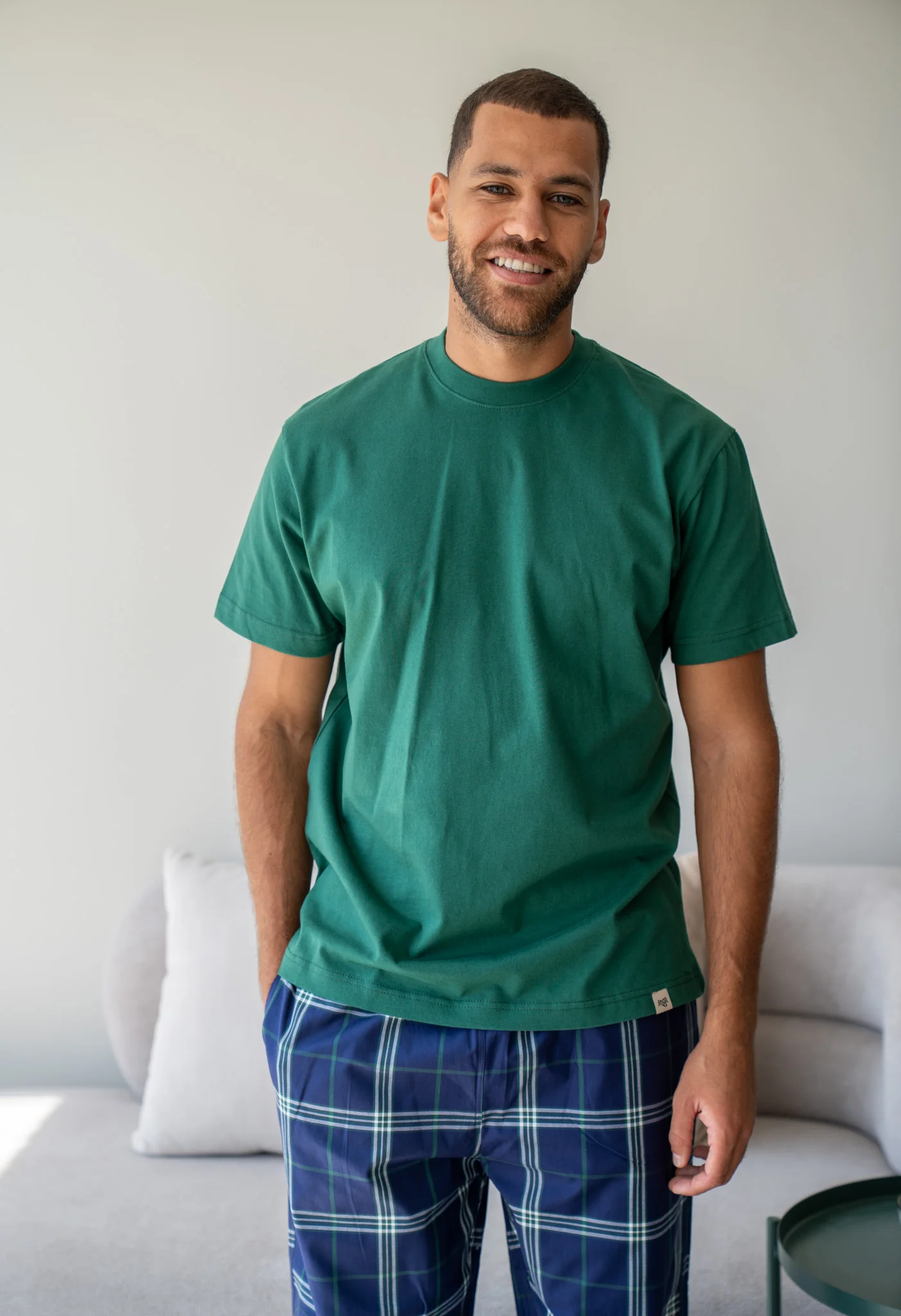 Men summer pajama set Dark Green T-shirt + Dark Blue X Dark Green plaid Pants - Image 2